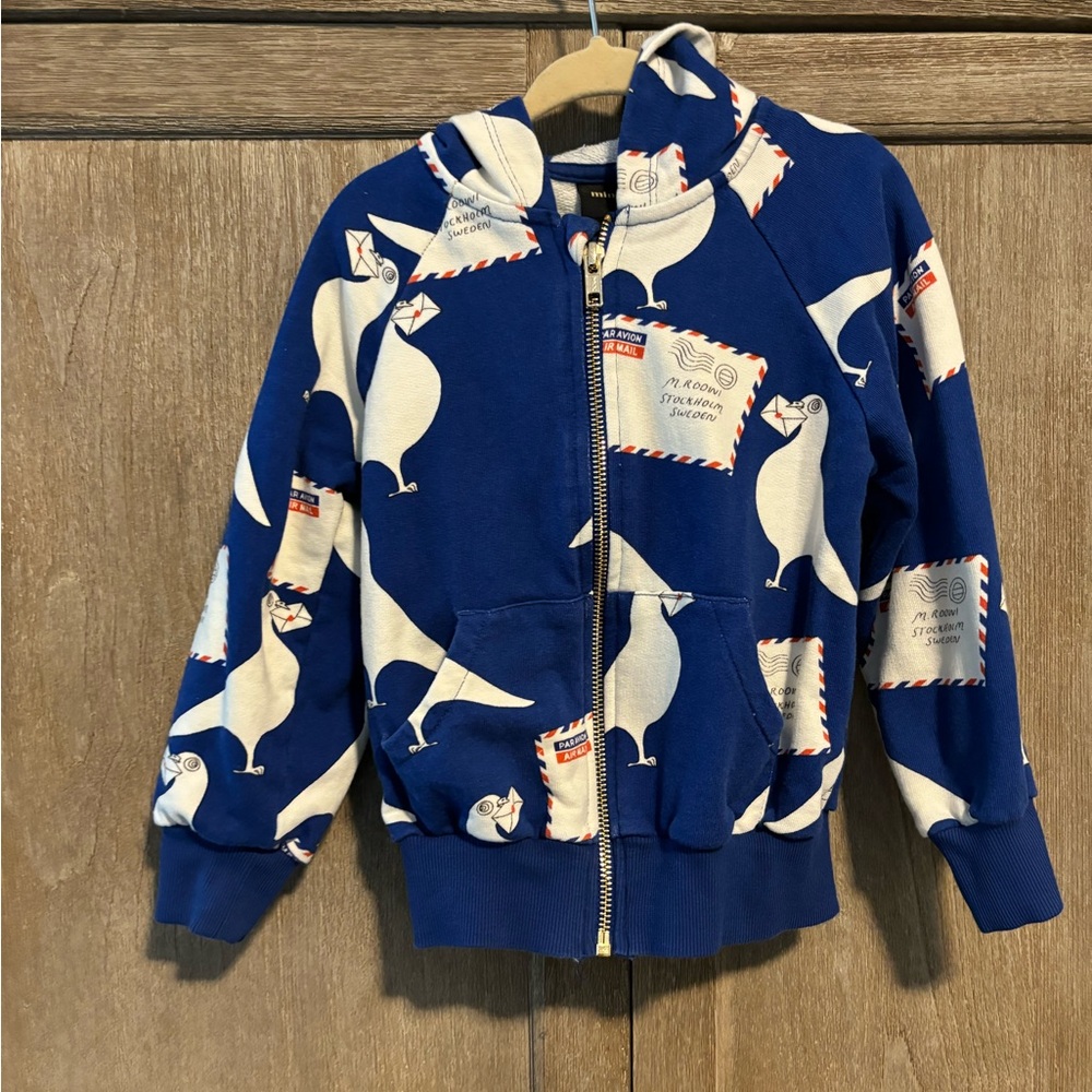 Mini Rodini kids carrier pigeon  zip-up hoodie, size 3-5years